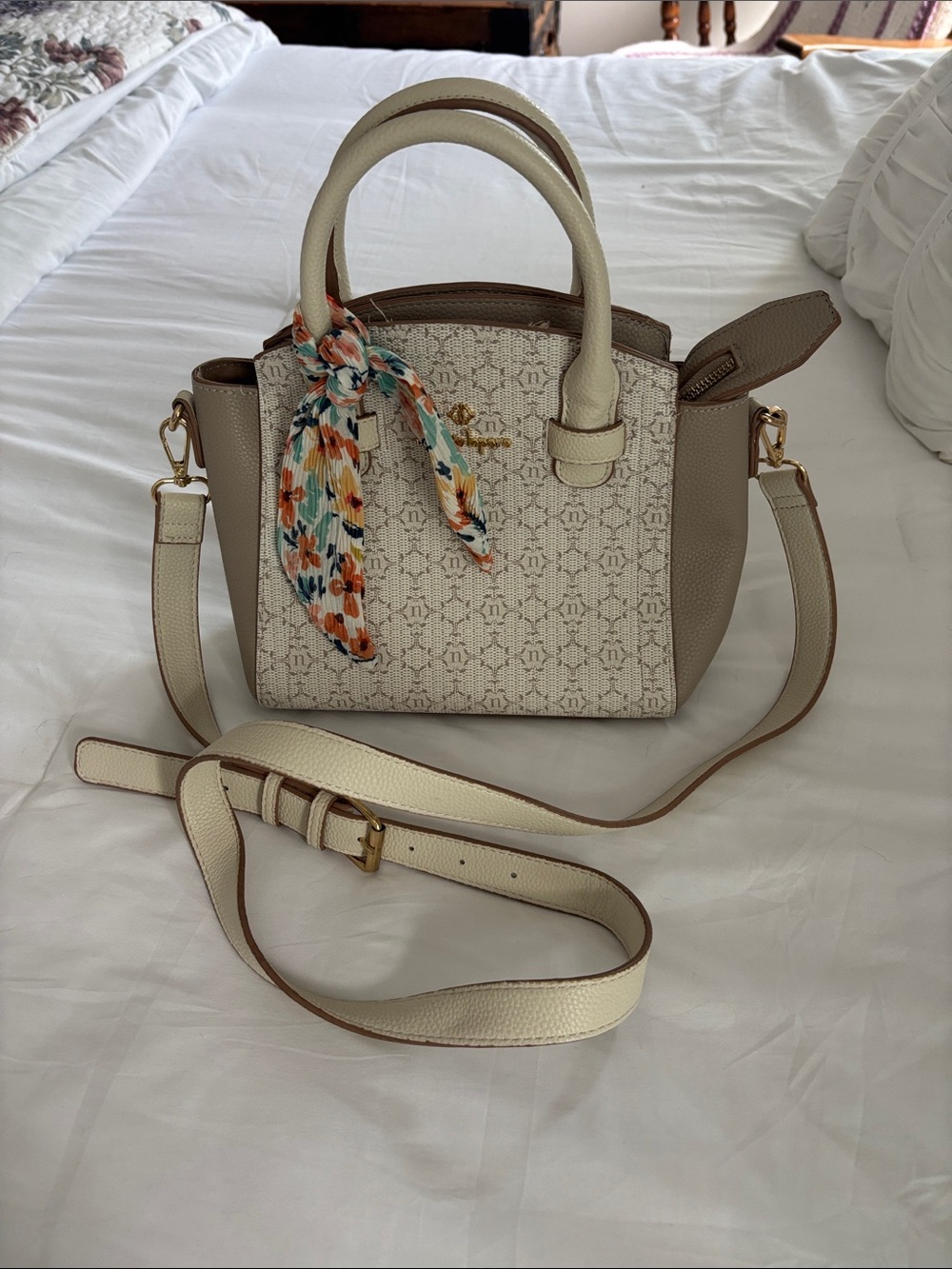 Nanette Lepore Cream and Tan Logo Satchel with Floral Scarf
